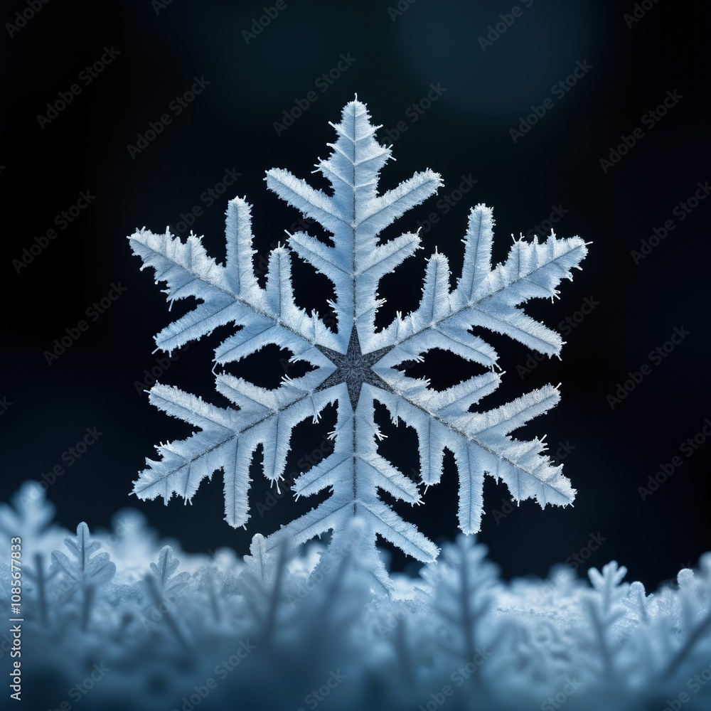 Poster detailed macro photo of intricate frozen snowflake on dark background. large snowflake crystallizes 