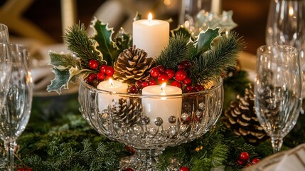 Elegant Holiday Table Centerpiece: Crystal Bowl with Floating Candles, Pine Cones, Winter Berries, Holly and Ivy Backdrop.