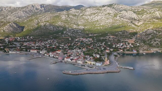 Aerial drone view of the town Karlobag at the Croatian coastline.