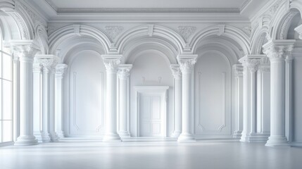 Grand and elegant room with high ceiling, arched windows, marble columns, and intricate carvings, featuring a large white door.