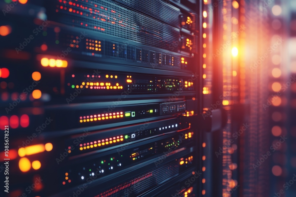 Poster intricate network equipment in it mainframe server room showcasing advanced data transfer technology