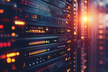 Obraz premium Intricate network equipment in it mainframe server room showcasing advanced data transfer technology