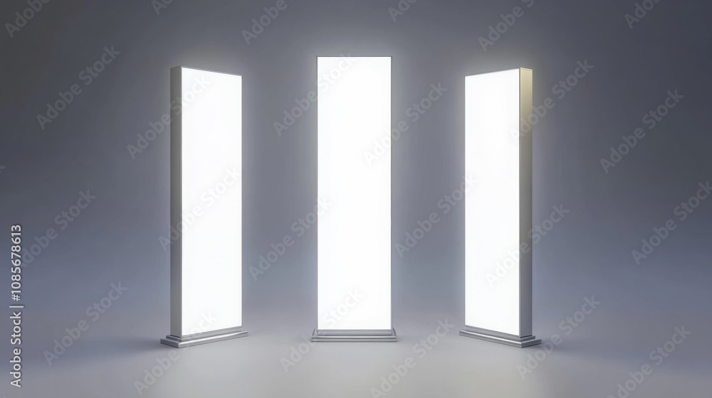 Poster modern and minimalist composition featuring three tall rectangular pillars in triangular formation o