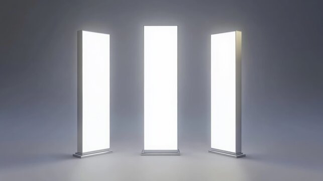 Modern and minimalist composition featuring three tall rectangular pillars in triangular formation on white background with bright lighting.
