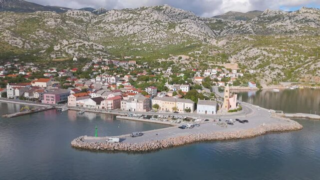 Aerial drone view of the town Karlobag at the Croatian coastline.