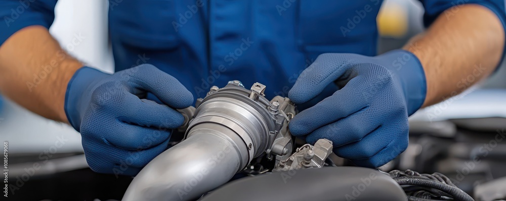 Poster close-up of technician's hands wearing gloves while assembling vehicle engine component in modern wo