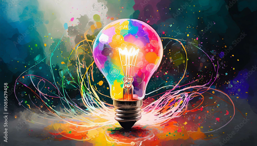 Poster a light bulb stands prominently on a dark surface, surrounded by an array of colorful abstract shape