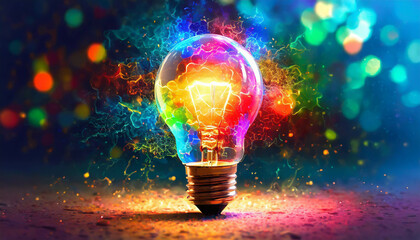 A light bulb sits on a wooden surface, surrounded by a burst of colorful particles that sparkles against a dark backdrop, representing creativity and innovation.