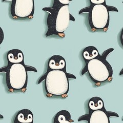 Colorful illustration of cheerful penguins in a playful arrangement, perfect for children's themes or winter designs.
