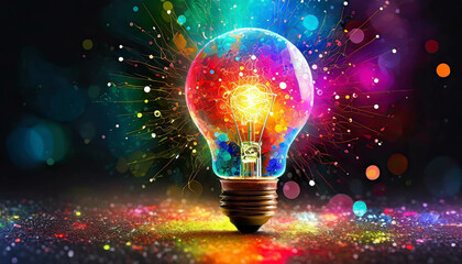 A glowing light bulb stands prominently against a dark backdrop, surrounded by vibrant particles that evoke a sense of energy and creativity, evoking a sense of wonder and inspiration.