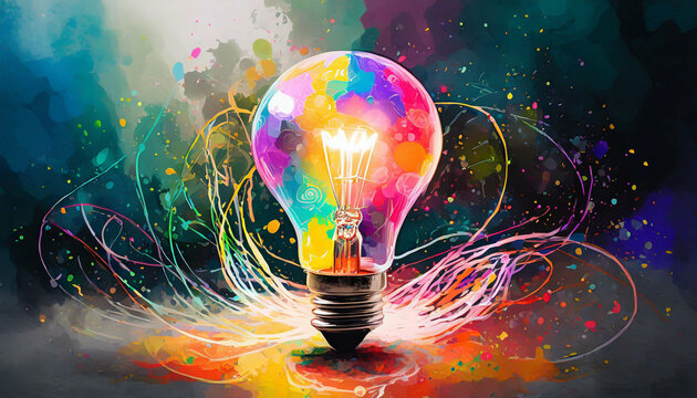 A light bulb stands prominently on a dark surface, surrounded by an array of colorful abstract shapes and vibrant hues, representing creativity and inspiration.