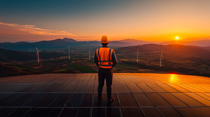 Worker Overlooking Solar and Wind Energy Landscape