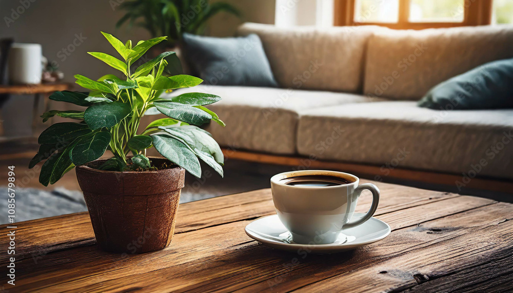 Poster a rustic wooden table is adorned with a latte art piece, surrounded by vibrant greenery and natural 