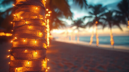 Twinkling yellow string lights adorn palm tree, creating warm, inviting atmosphere on beach at sunset. blurred background enhances serene ambiance