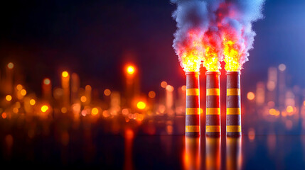 Industrial Smoke Stacks Emitting Pollution at Night