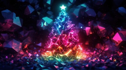 A glowing, abstract Christmas tree made of colorful, geometric shapes with a star on top.
