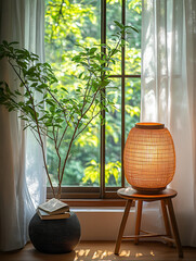 Rustic Rattan Table Lamp Near a Bright Window with Greenery