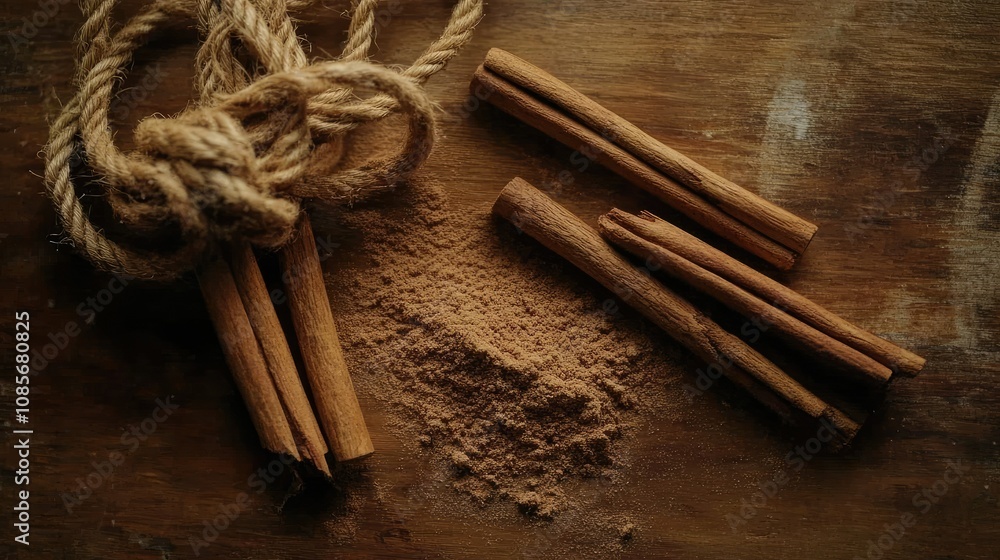 Poster close-up view of cinnamon sticks and ground cinnamon powder on rustic wooden surface with twisted ro