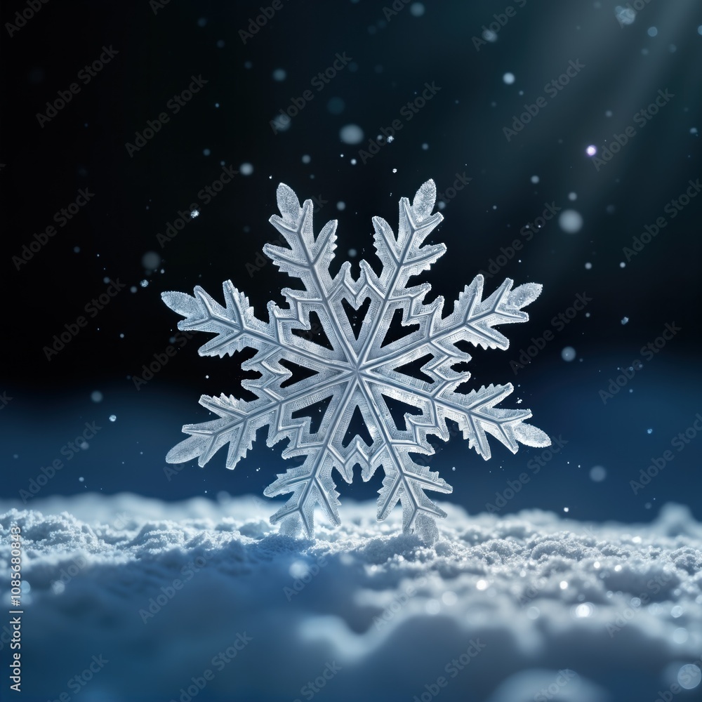 Poster big frozen snowflake stands in snow. dark background with snowfall. winter scene. creative image. be