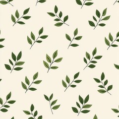 A seamless pattern featuring various green leaves on a light beige background, perfect for nature-themed designs.
