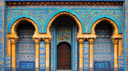 Obraz premium Stunning architectural design featuring vibrant blue and orange tiles, intricate arches, and detailed patterns. This captures essence of traditional craftsmanship