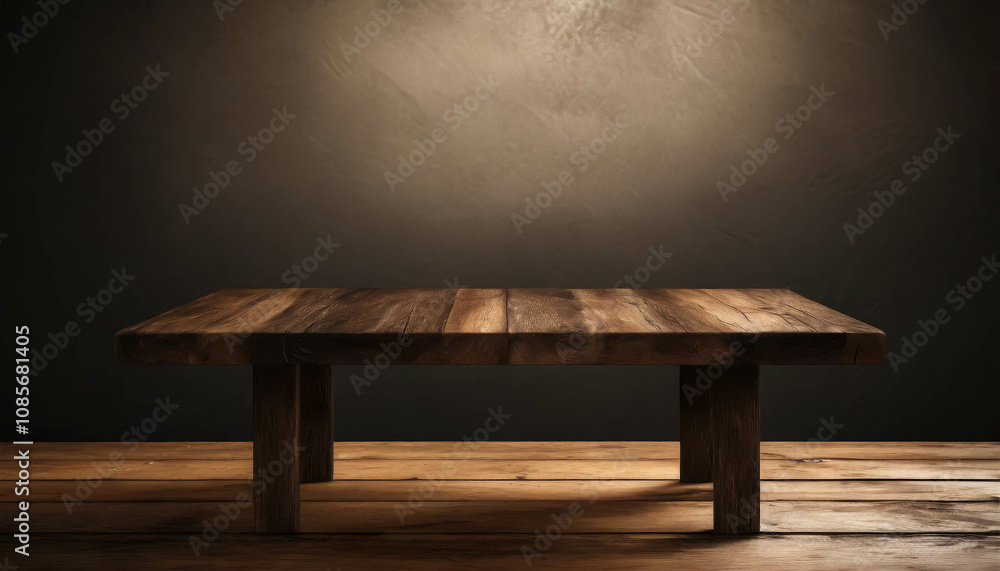 Poster a rustic wooden table is set against a textured dark background with soft lighting creating a serene