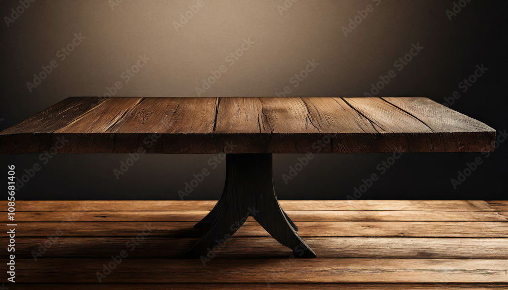 Poster a rustic wooden tablecloth is positioned on a textured wooden surface, surrounded by a dark backdrop