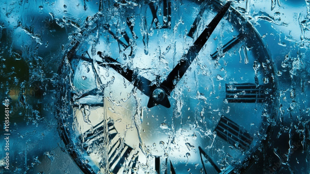 Poster a close-up view of a clock face obscured by raindrops on glass, creating a dreamy effect of time and