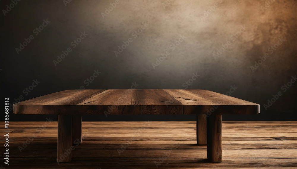 Poster a rustic wooden table is positioned in a dimly lit space, surrounded by a textured dark background, 