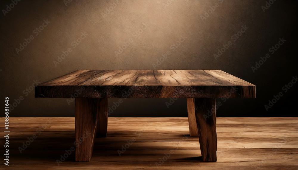 Poster a rustic wooden table resting on a wooden surface with soft lighting creating a serene atmosphere in