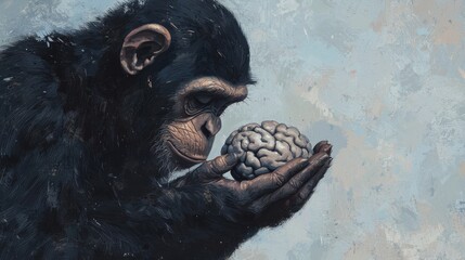 Illustrated monkey offering a brain artistic representation close-up view conceptual art thought...