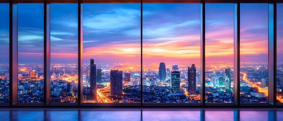 Dreamy Cityscape: A soft pink curtain frames a breathtaking view of a cityscape bathed in the warm glow of a pastel sunrise, evoking feelings of peace, tranquility, and hope. 