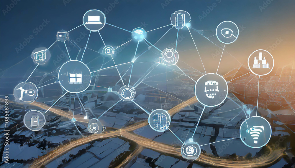 Aufkleber a digital representation of interconnected nodes overlays a city skyline at dusk, symbolizing global