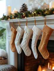 Cozy Christmas stockings hanging on fireplace mantel.