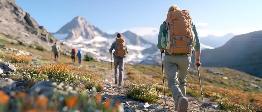 Mountain Path: A group of hikers, their backpacks laden with gear, navigate a rugged mountain path, their silhouettes etched against a breathtaking panorama of snow-capped peaks and a vibrant sky.