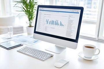 Modern office workspace with computer displaying data analytics and graphs