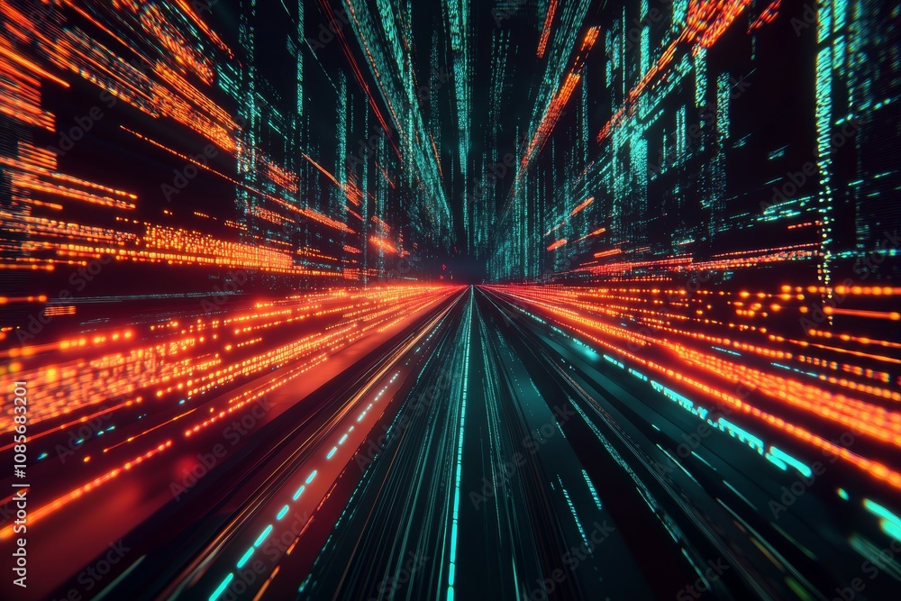 Poster futuristic cityscape with digital lines and icons representing speed and data transfer concepts