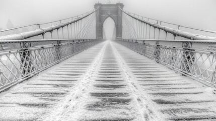 snowy Brooklyn Bridge in New York City creates serene winter scene. fog adds mystical touch, enhancing beauty of this iconic landmark