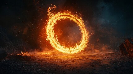 Fototapeta premium Fiery Ring in Dark Landscape Swirling Flames Casting Radiant Glow Dramatic Fire Concept with Copy Space