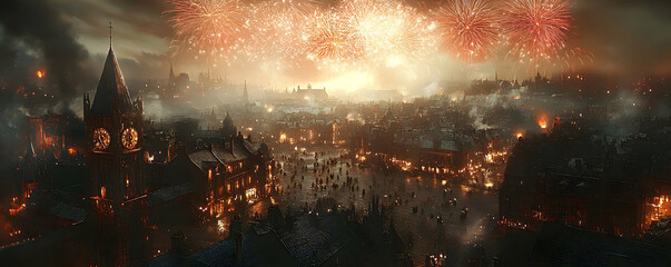 Fototapeta premium Festive night cityscape with fireworks.