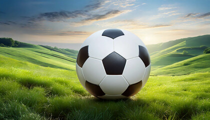 A soccer ball is prominently displayed in the foreground, surrounded by lush green grass and majestic mountains, capturing the essence of a sunny day in nature.