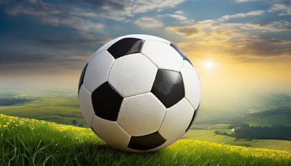 A soccer ball is prominently displayed on a grassy field, surrounded by majestic mountains under a colorful sunset sky, creating a lively atmosphere.