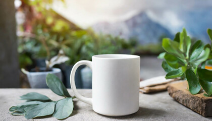 A steaming cup of tea sits on a wooden table in a tranquil indoor environment, surrounded by greenery and natural light, creating a calming atmosphere.