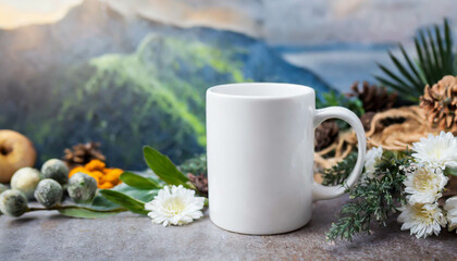 A cup of tea sits elegantly on a rustic wooden table, surrounded by colorful flowers and lush greenery, creating a peaceful outdoor atmosphere.