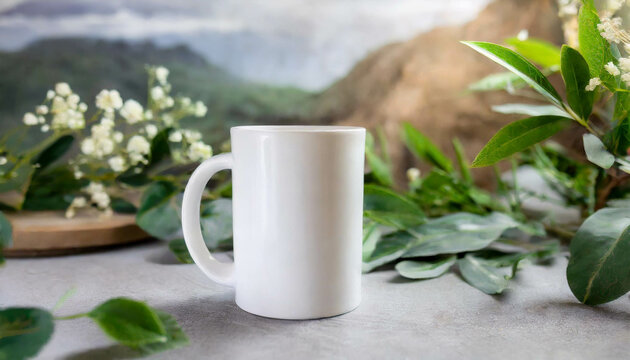 A cup of tea sits elegantly on a wooden surface, surrounded by vibrant greenery and delicate flowers, creating a peaceful atmosphere in nature.