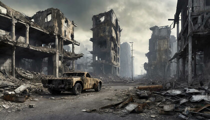 A desolate urban setting features crumbling buildings and debris scattered across a deserted street at dusk, evoking a sense of desolation and desolation.