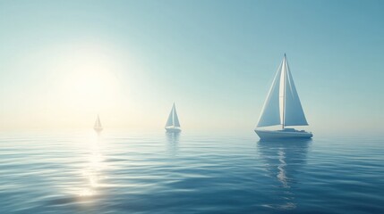 Fototapeta premium Three sailboats sail on a calm, blue ocean with the sun shining in the background.