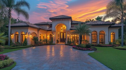 Elegant villa at sunset with lush landscaping and warm lighting.