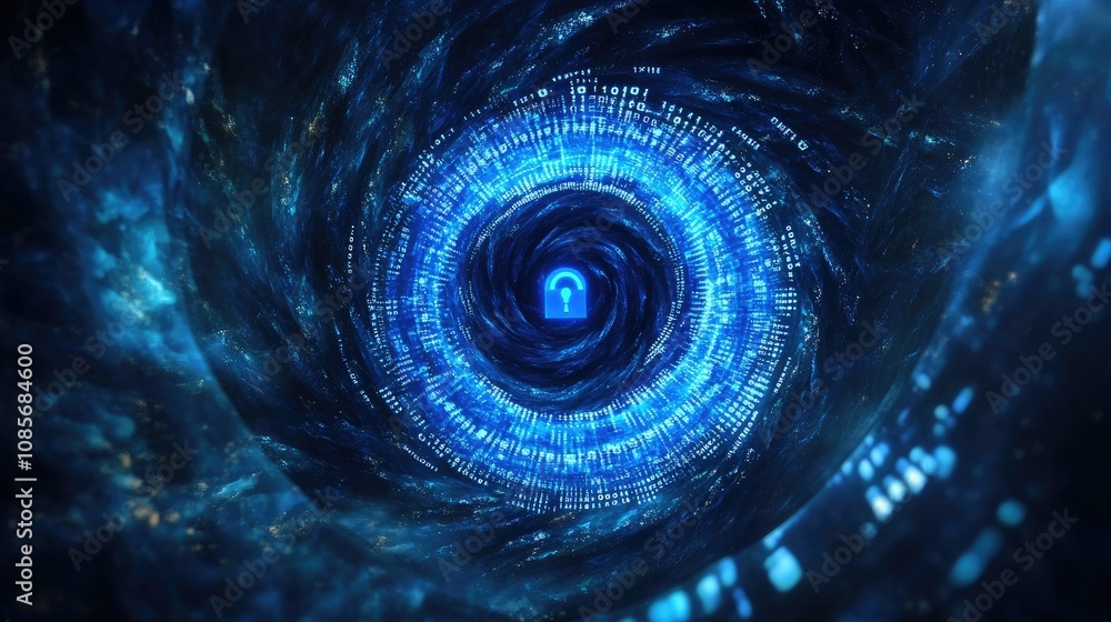 Poster digital vortex of data transmission featuring a glowing blue lock symbol, representing secure inform