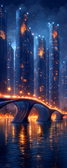 Obraz premium Futuristic city at night with bridge and water reflections.